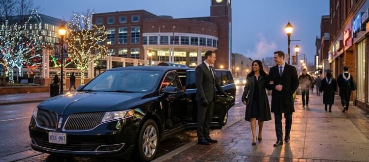 Chauffeur assisting passenger into a luxury vehicle for Pearson Airport car service Ajax outside a modern corporate building.