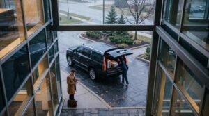 Chauffeur placing luggage into the boot of an executive vehicle showcasing transparent Pickering Pearson limo prices.