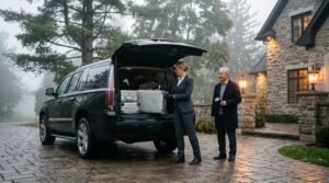 Chauffeur lifting luggage into a luxury SUV for a Pickering Pearson limo transfer outside a private residence.