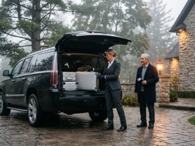 Chauffeur lifting luggage into a luxury SUV for a Pickering Pearson limo transfer outside a private residence.