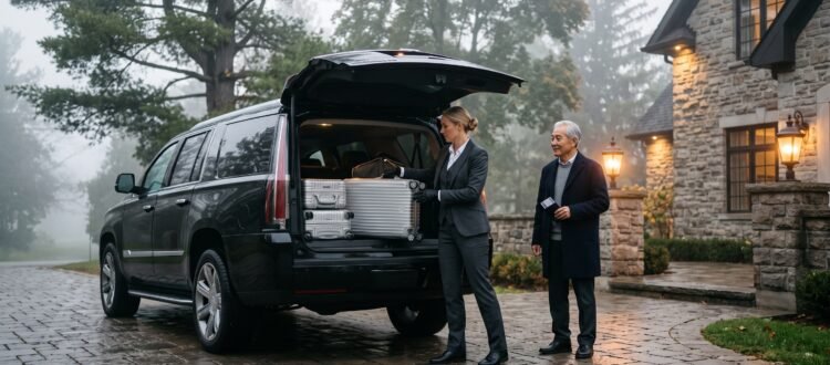 Chauffeur lifting luggage into a luxury SUV for a Pickering Pearson limo transfer outside a private residence.