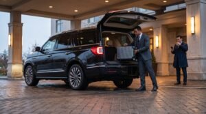Chauffeur placing hard-shell travel bags into the boot to reserve Durham airport limo service.
