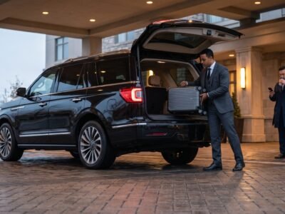 Chauffeur placing hard-shell travel bags into the boot to reserve Durham airport limo service.