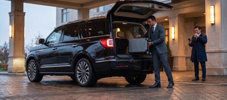 Chauffeur placing hard-shell travel bags into the boot to reserve Durham airport limo service.